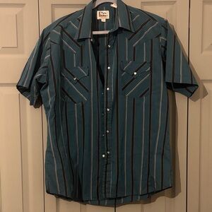 Ely Cattleman Teal and Black Striped Button Down Shirt